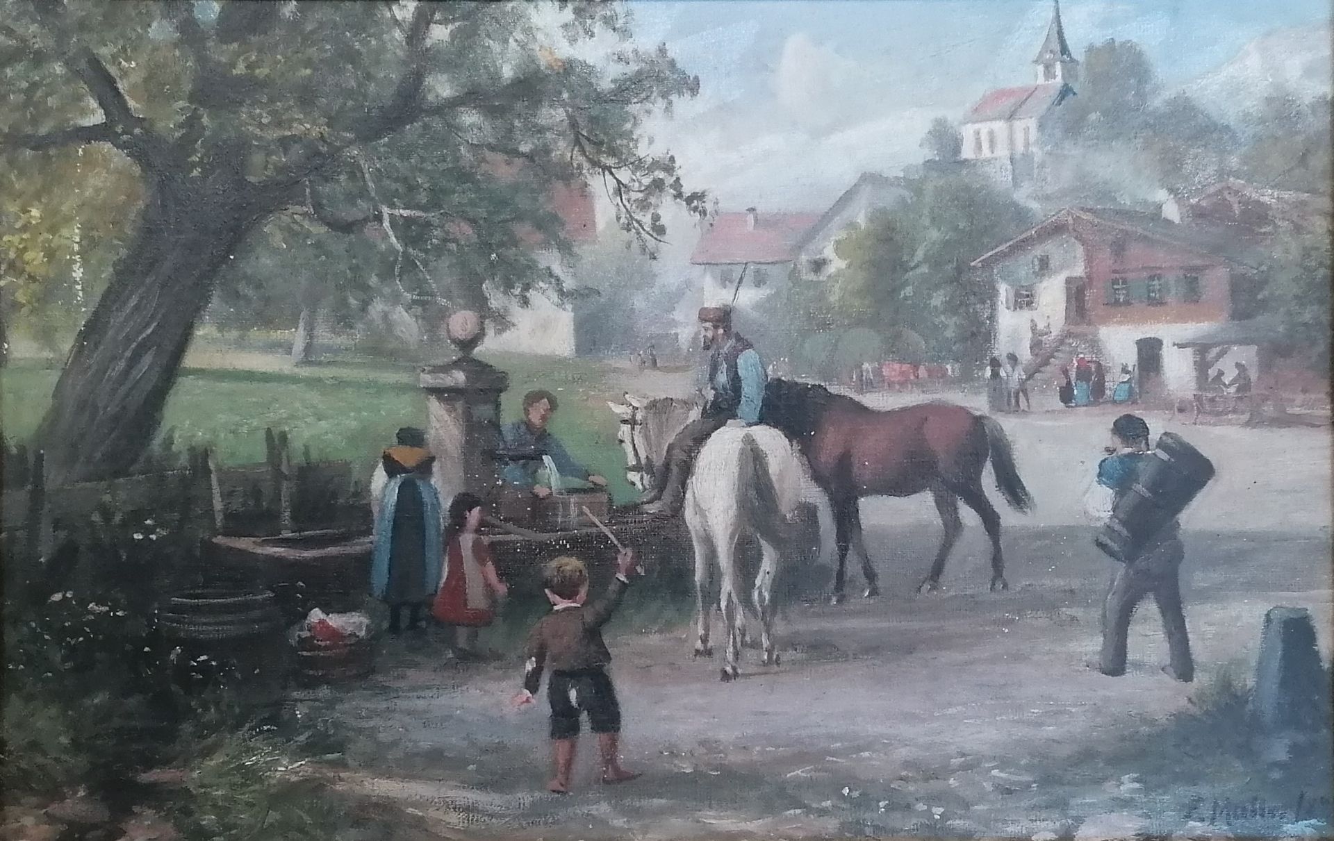 XXth century SchoolHorses at the drinkerOil on canvas.Signed at the bottom right "E. Muller".H. 35.5