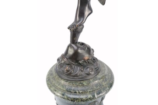 According to Giambologna (1529-1608)Flying mercury.Bronze bronze test.On a cylindrical base in green - Image 3 of 3