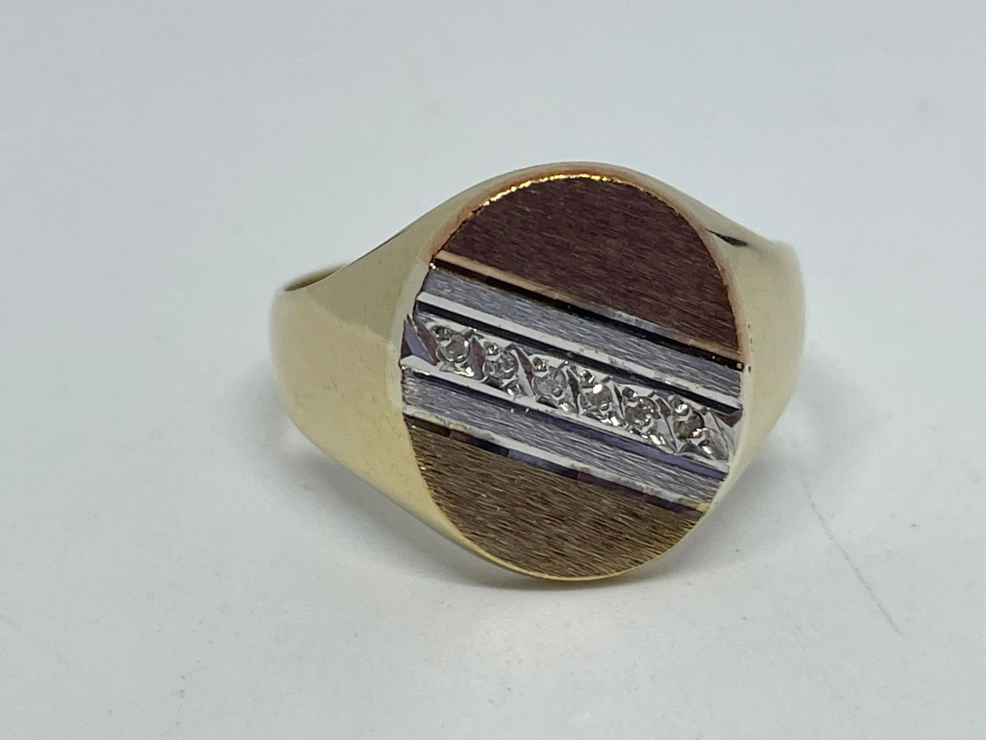 9ct three colour gold diamond set signet ring