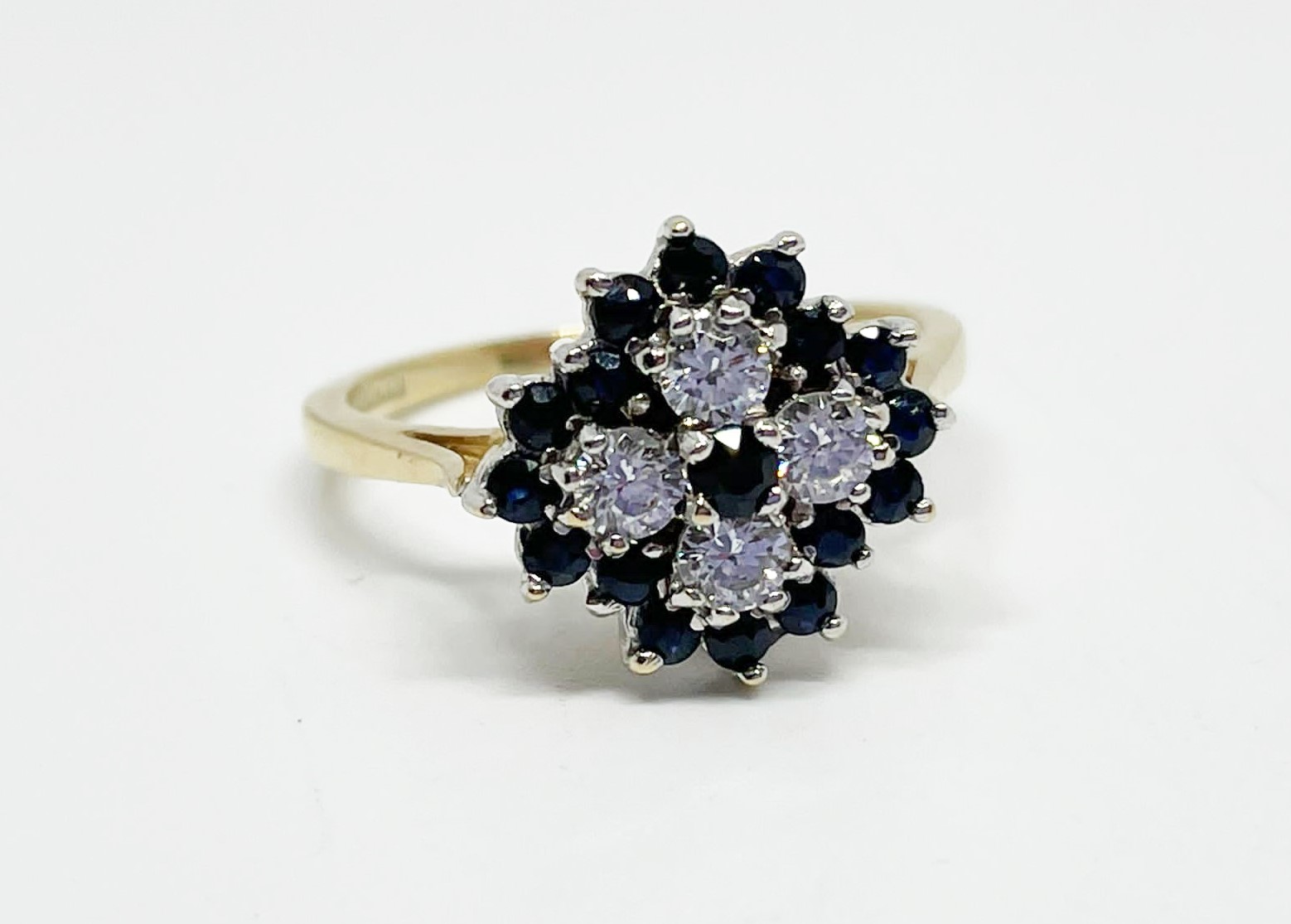 9 ct gold cubic zirconia and sapphire cluster ring