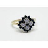 9 ct gold cubic zirconia and sapphire cluster ring