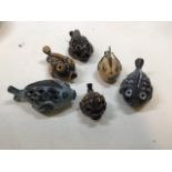 A collection of six handmade ceramic puffer fish - one marked Lander to base and impressed with