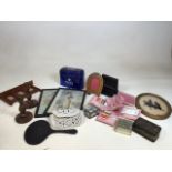 A quantity of collectibles including sewing items, vintage tins, fashion prints, beaded bag and
