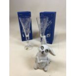 A white rabbit ceramic jug/decanter with removable ear also with 2 etched zodiac crystal flutes -