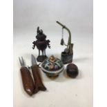 A vintage Cloisonne opium pipe, a bronze style censor, a ceramic pot and other items