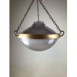 A Holophane ceiling lamp with brass fixings. Upper shade marked Holophane 8212 No 20222. Lower shade