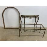 A Gilt metal console table base also with gilt metal coffee table base a wooden arched frame.