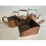 A collection of copper wares, graduated kettles, 19th century grain scoops also a navy half gallon