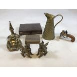 Eastern Brass boxes, pair of oriental brass dragons, a Buddha, a chamber stick, a replica tinder