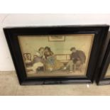 A pair of continental prints depicting young ladies gossiping in black and gold frames W:74cm x H:
