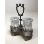 A vintage Castor set - two lidded glass jars in metal stand W:20cm x H:26cm