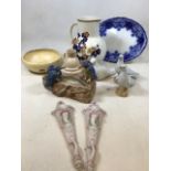 A Paul Dubois Kingfisher bowl A/F, a Crown Ducal jug, a Victorian jug, wall pockets and other items