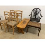 Various furniture, four rattan seated chairs, chunky coffee table a wheel back chair and a rattan