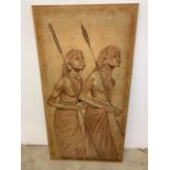 A fabric tribal painting of Massia Mourano warriors. Signed MAB. W:64cm x H:122cm