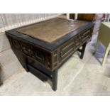 A Chinese style centre table-campaign style, with faux skin top with lift up lid to storage. With
