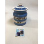 A TG Green Cornishware limited edition tea cannister inscribed with Fredâ€™s Tea. A limited