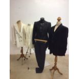 Mens vintage dinner jackets - a black velvet jacket with braid trim and 2 cream jackets also with