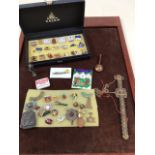 A quantity of contemporary pins, military badges, a coin sword and other items