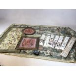 Oriental embroidered textiles, some silk with watercolour cards and a papier-mache box