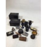 A quantity of snuff boxes and desk items including brass ink well, oriental boxes and others
