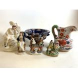 Staffordshire flatback pottery figures also with an Ironstone jug etc.