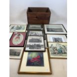 A collection of etchings black and white and coloured with other coloured prints also with a vintage