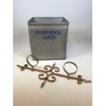 A vintage aluminium storage canister for Porridge oats (no lid) also with a vintage metal wall