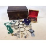 A wooden box and contents including watches, costume jewellery, silver rimmed glass bowls and others