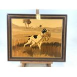 A large inlaid marquetry picture of a hunting dog with pheasant. W:56cm x H:45cm