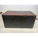 A stained pine work box with rope handles. W:69cm x D:36cm x H:35cm