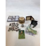 Japanese paper mache box, boxed set of vintage lemon squeezers, a vintage Viyella knitting needle