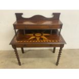 An inlaid marquetry desk with barley twist legs, drawer to front also with lift up front to storage.