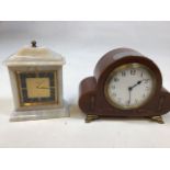 A wooden mantle clock with presentation plaque to top a,so with a Biggs onyx clock