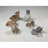 6 Lomonosov animal figures made in USSR. Includes seated zebras, raccoon, tiger and others