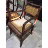 Various chairs, rush seated, rosewood and rope twist details.