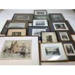 A collection of coloured etchings and prints.