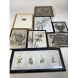 A collection of black and white oriental pictures, a black and white woodcut also with a coloured