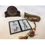 A Metamec Art Deco wooden mantle clock, a bugle and two military prints