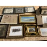 A varied collection of framed pictures, originals in oil and watercolour, coloured etchings and