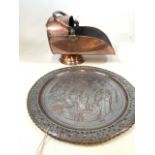 A Victorian copper and brass coal scuttle also with a copper and silvered tray.