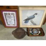 A Limited edition print of a falcon also with a royal menu-framed, a carved tray and a very