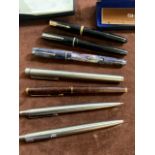 A collection of pens to include Osmiroid 65, Parker Duofold with 14k nib, Osmiroid rolatip,