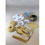 A celluloid - french ivory- dressing table set also with a royal Barum Ware vase and other items