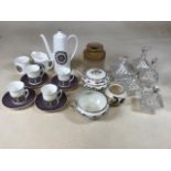 An F C Emery part coffee service, 5 moulded glass containers