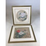 A pair of nicely presented double mounted Chinese silk paintings W:50cm x H:50cm and W:58cm x H: