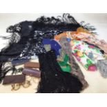 Vintage scarves and spectacles, including black and white embroidered piano style shawl, Liberty