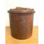 A Large pottery salter with circular wooden lid. Stamped SHARP JONES CO, BOURNE VALLEY POTTERY,