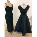Two Monsoon dark green evening dresses, size 10. One silk with full skirt and one beaded. Also