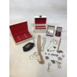 A quantity of costume jewellery with 2 jewellery boxes a quantity of brooches, some silver, a sphinx