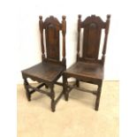 A Pair of 17th - 18th century oak pegged chairs. (a.f woodworm and restoration) H:45cm